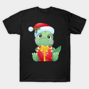 Cute Christmas Dinosaur With Santa Hat Holding A Gift Box T-Shirt